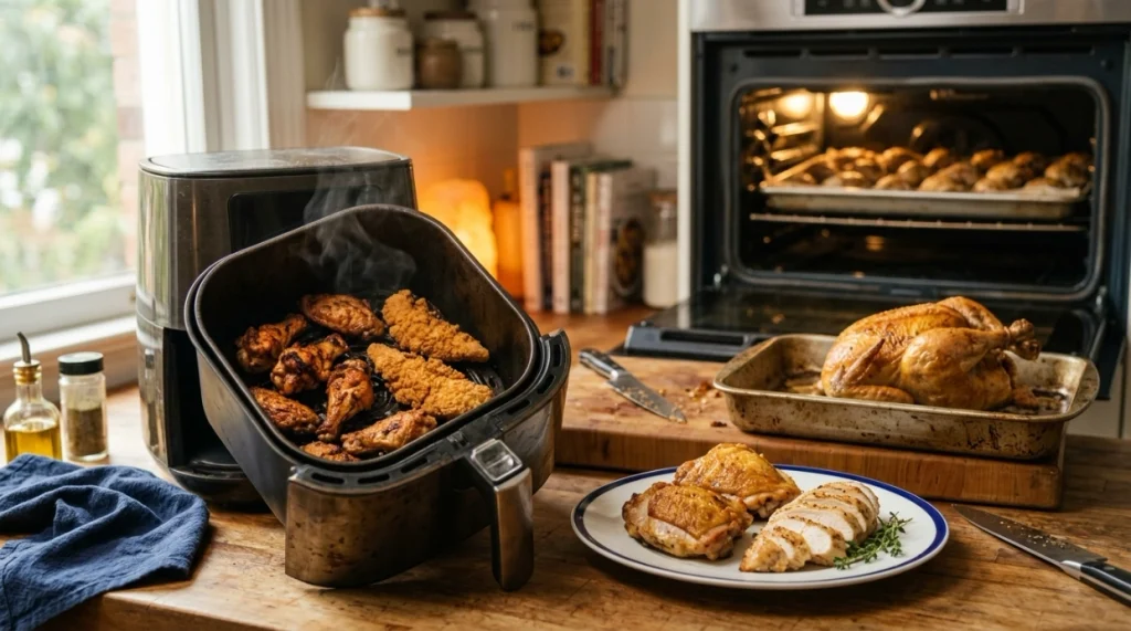 Wings, thighs, breasts, tenders, and whole chicken shown with air fryer and oven.