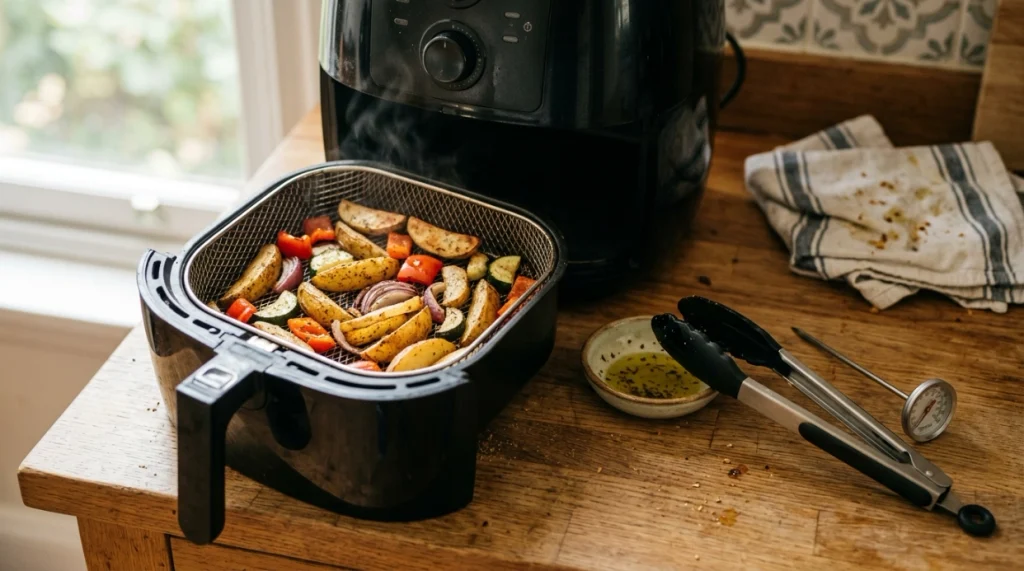 Air fryer basket with spaced food, light oil, tongs, and thermometer for better cooking results.