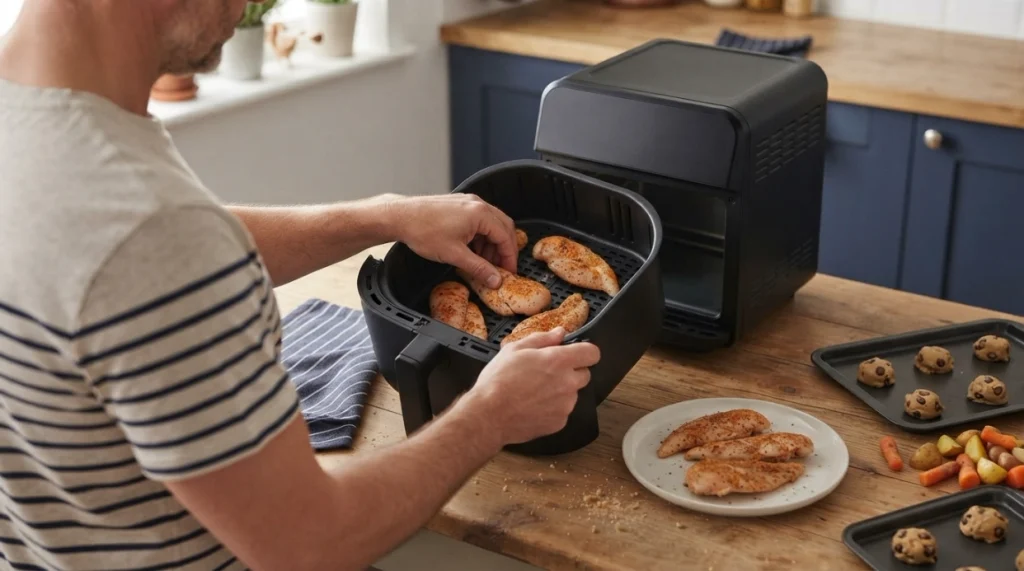 Home cook spacing food in an air fryer basket while keeping a second batch ready