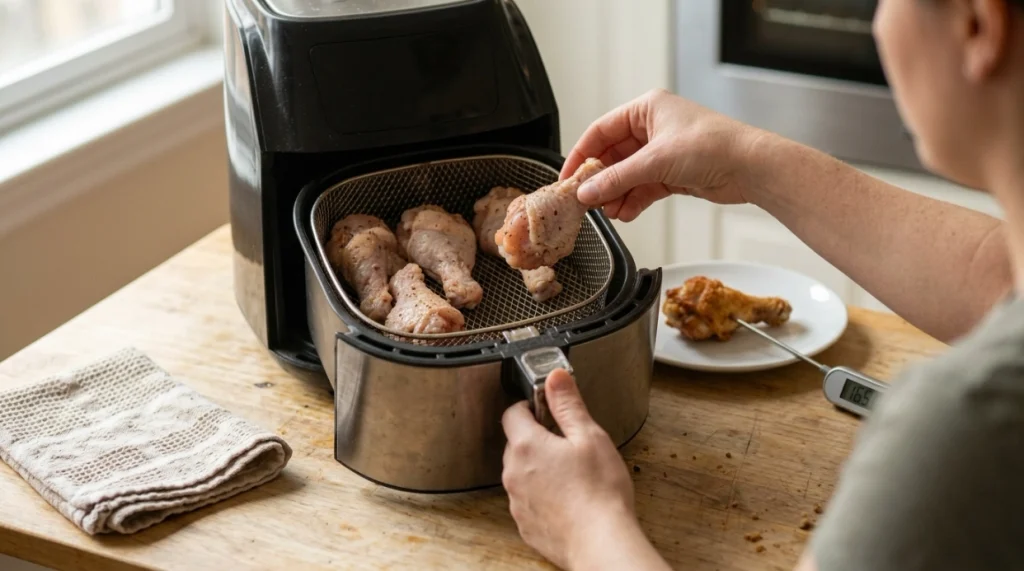 Chicken spaced in an air fryer with instant-read thermometer checking safe doneness.