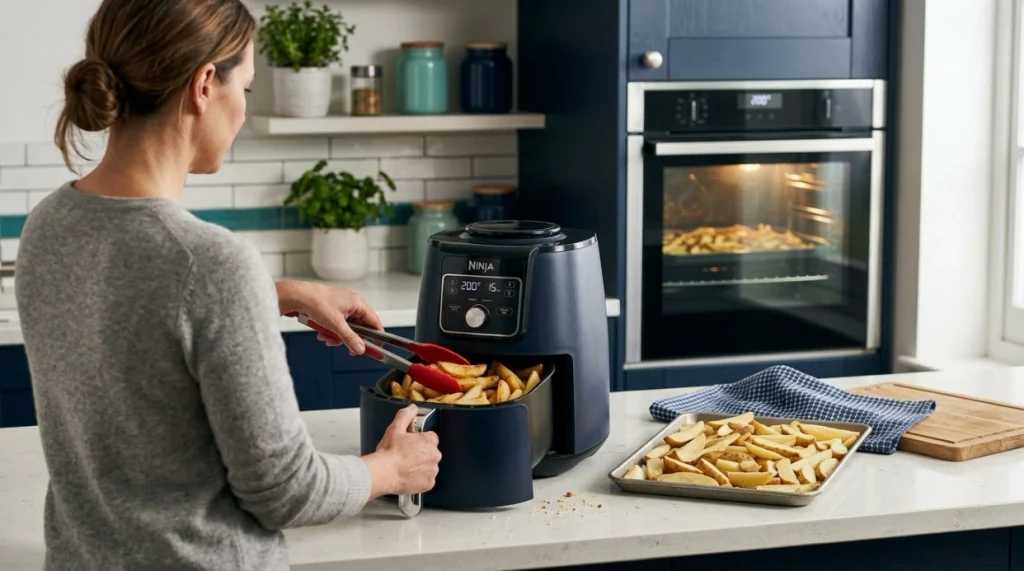 Crowded air fryer basket with second food batch showing capacity and airflow limitations