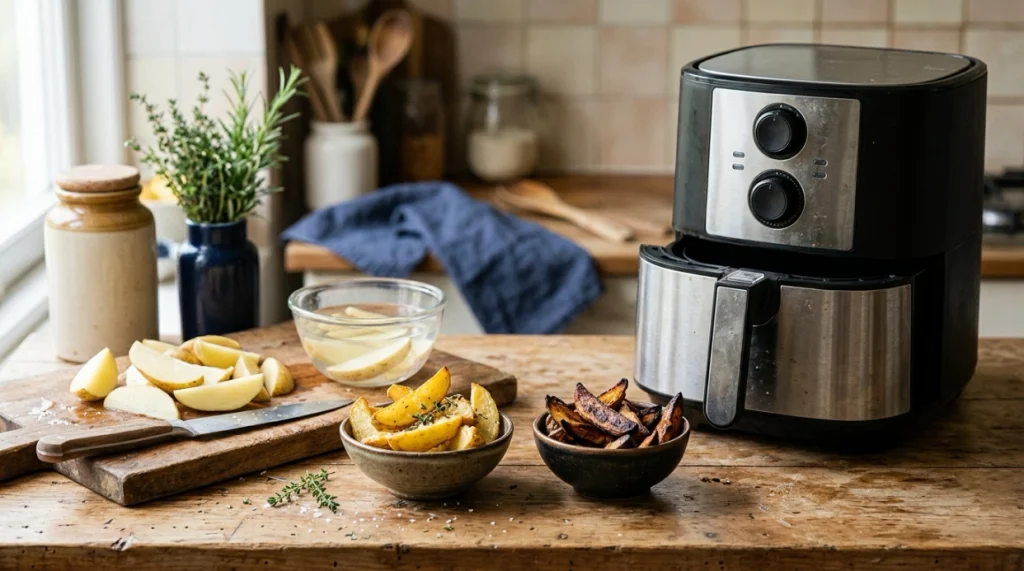 Golden and dark air-fried potatoes beside an air fryer illustrating acrylamide formation