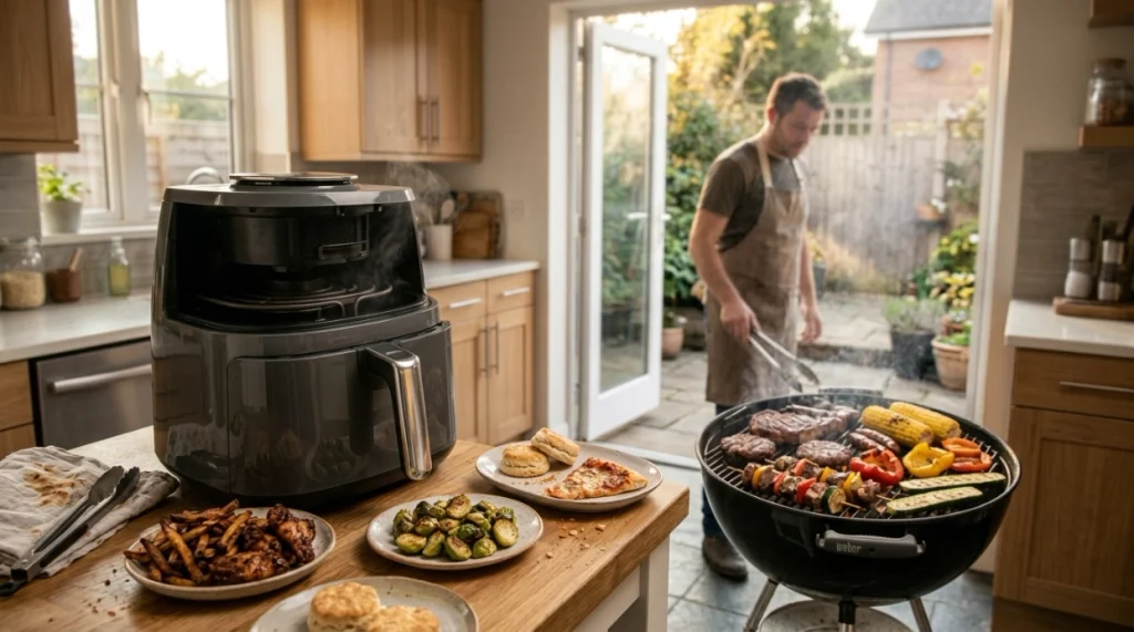 Air fryer foods indoors beside a grill cooking steak, burgers, kebabs, corn, and vegetables.