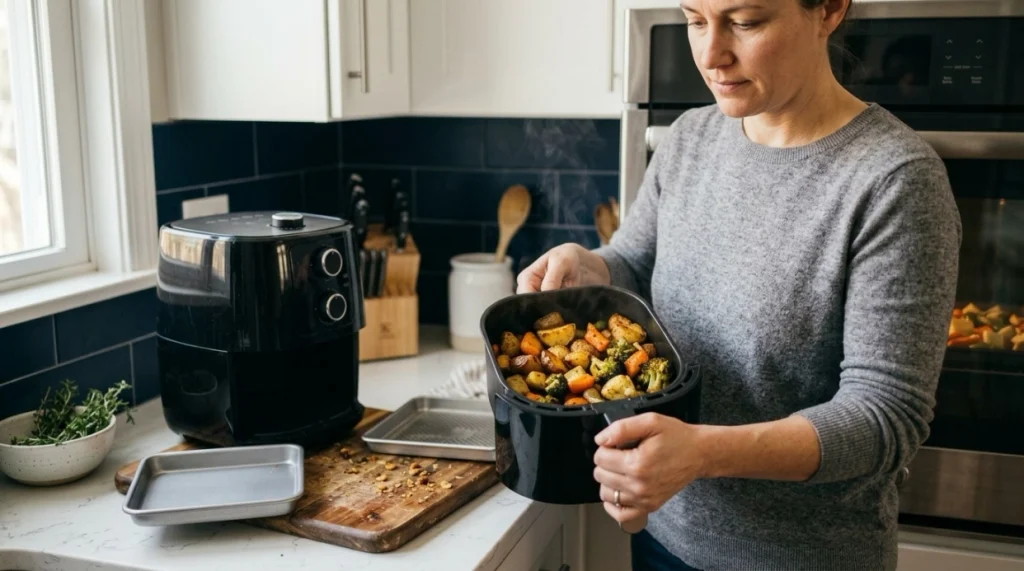 Cook shaking an uncrowded air fryer basket to improve airflow, browning, speed, and consistency.
