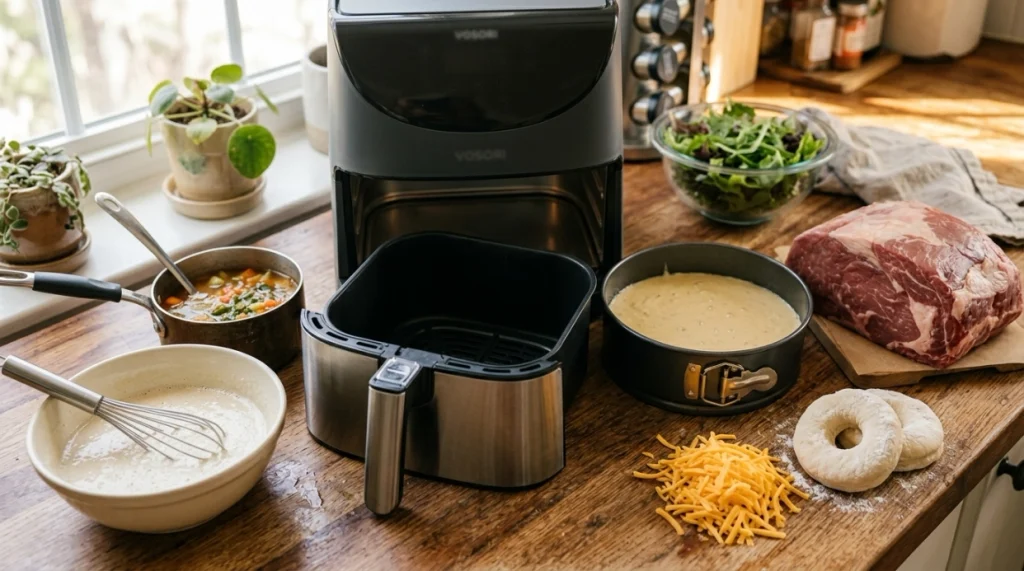 Wet batter, soup, large cake, roast, greens, dough, and cheese beside an open air fryer