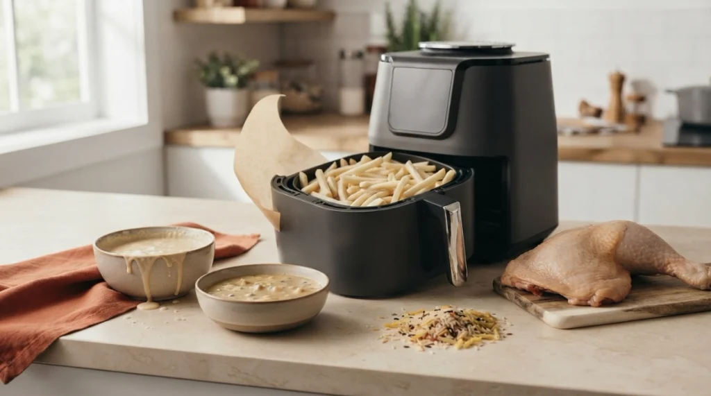 Foods to avoid air frying including wet batter, liquid dishes, dry rice and an overcrowded basket