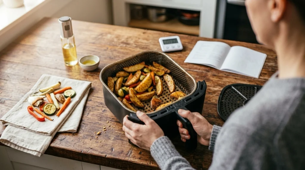 Home cook shaking an uncrowded air fryer basket for better airflow and even crisping.