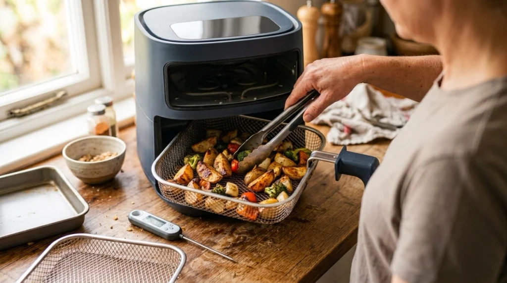 Home cook flipping air fryer food in a single layer with thermometer nearby