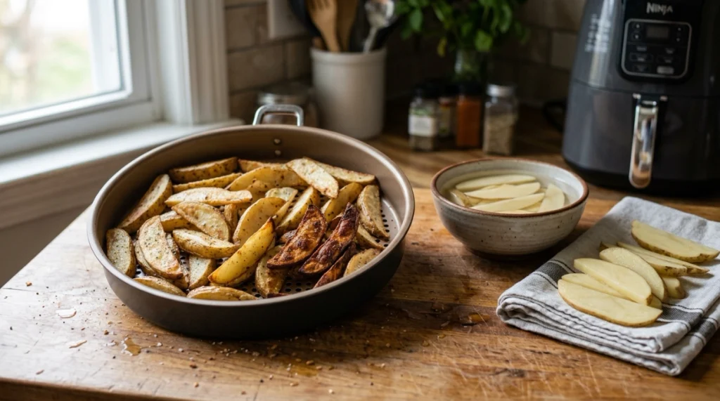 Golden and dark air-fried potatoes showing how browning relates to acrylamide formation.