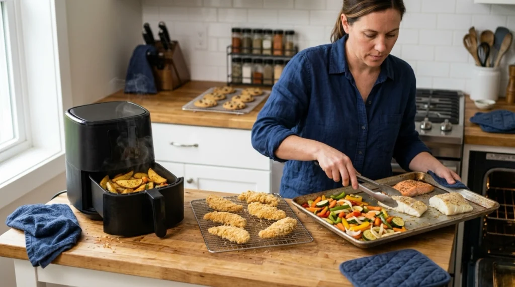 Air fryer and oven preparing potatoes, vegetables, chicken, fish, and cookies in different batches