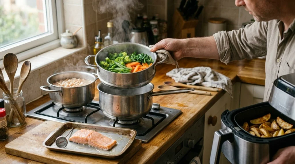 Vegetables, fish, potatoes and grains prepared with different healthy cooking methods