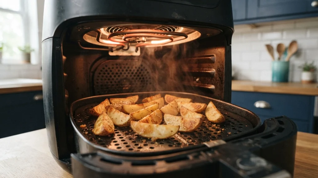 Air fryer heating element and perforated basket cooking food with rapid hot-air convection