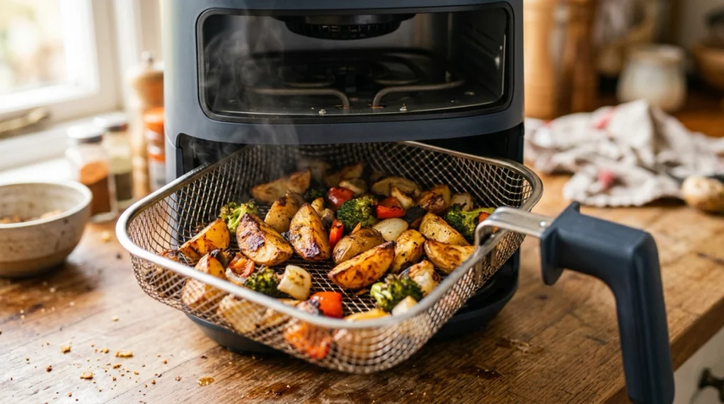 Open air fryer basket showing hot-air circulation around browning food