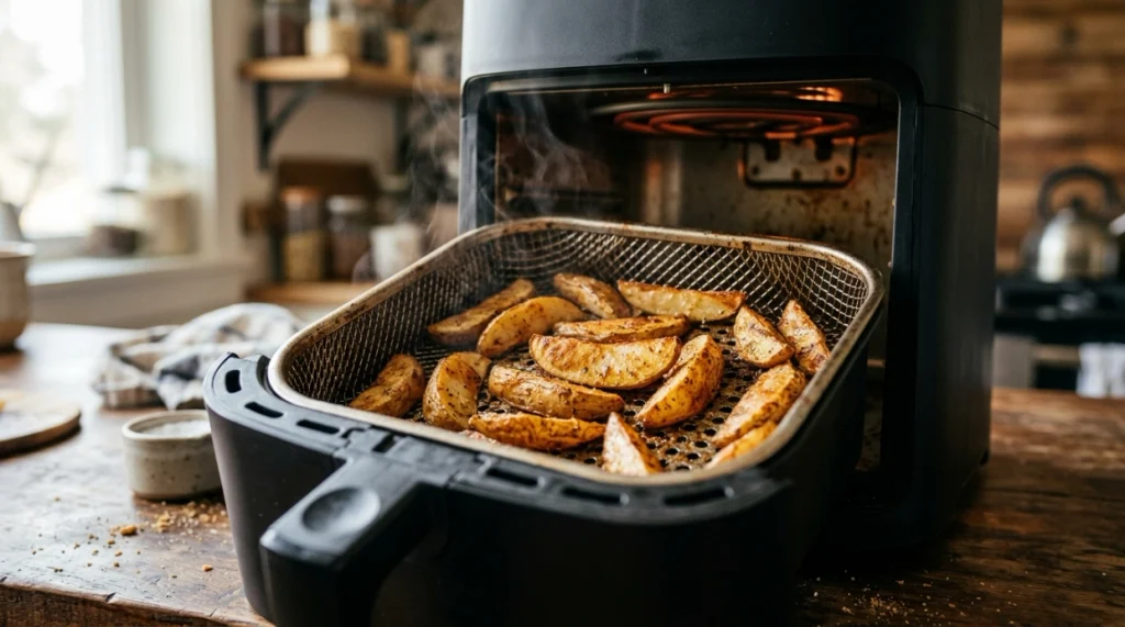 Air fryer basket cooking potatoes with visible crisper tray and compact convection chamber.