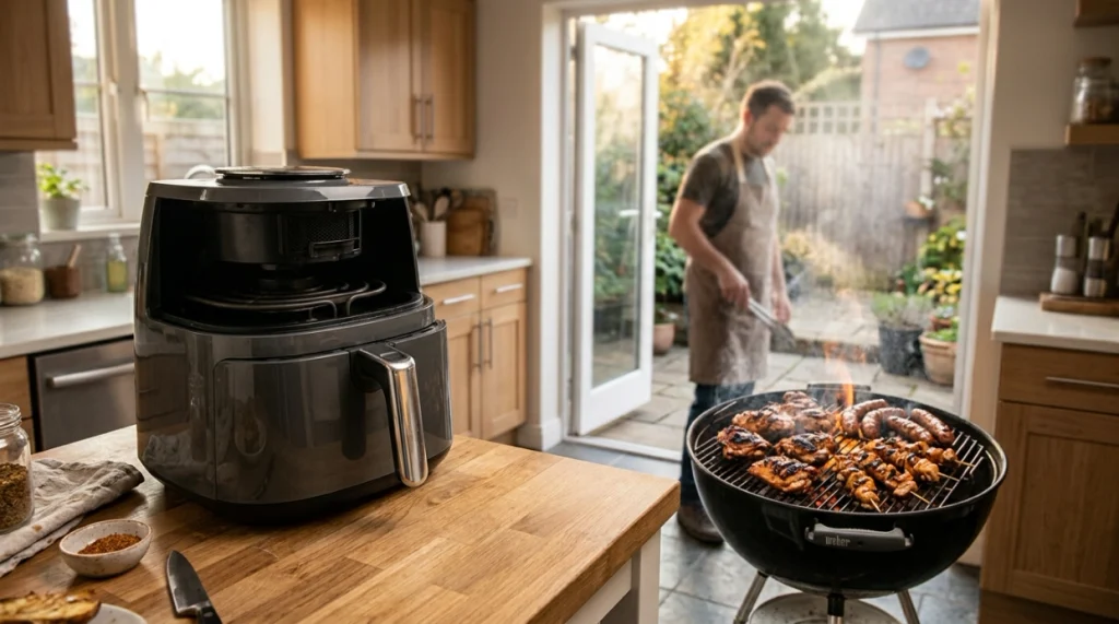 Air fryer with perforated basket beside an outdoor grill demonstrating convection and direct-heat cooking.