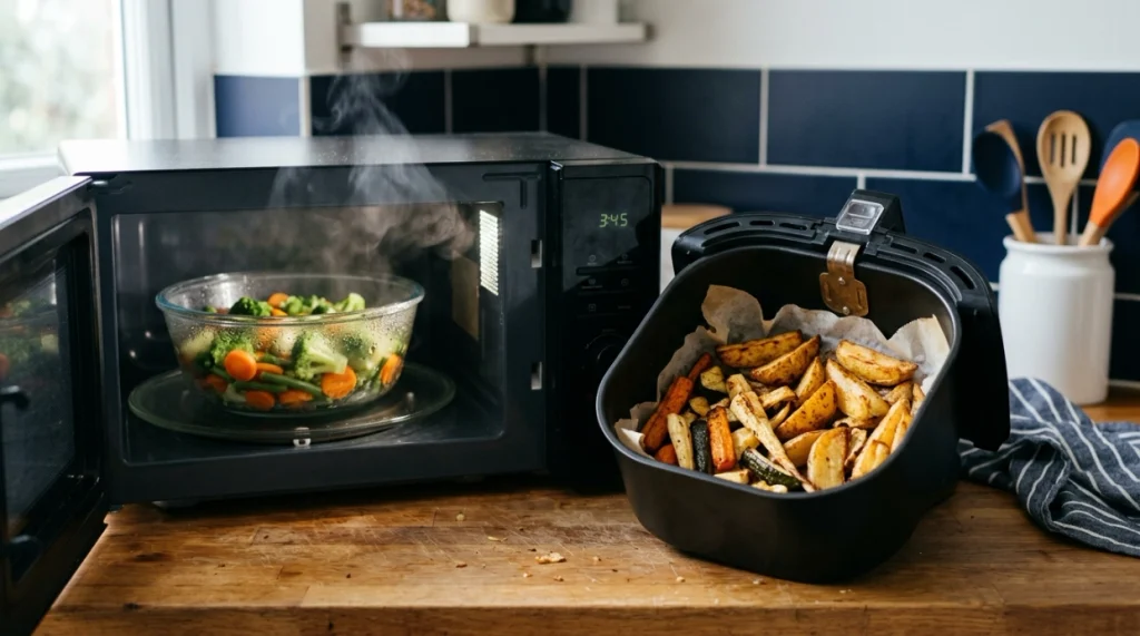 Microwave steaming vegetables beside an air fryer crisping potatoes and roasted vegetables