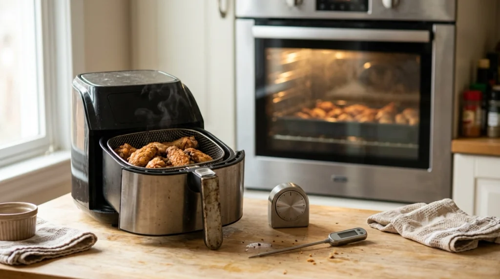 Air fryer and oven cooking chicken side by side to compare total cooking time.