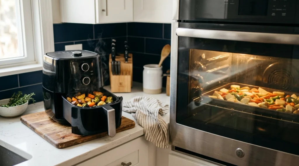Small air fryer batch beside a conventional oven, illustrating faster cooking and shorter preheating.