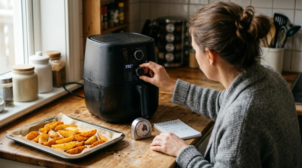 Home cook adjusting air fryer time and temperature using the 20 20 conversion rule