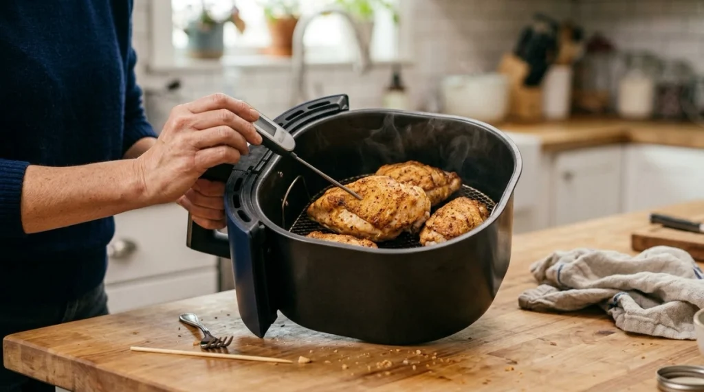 Cook checking air-fried chicken doneness with a food thermometer beside an open air fryer