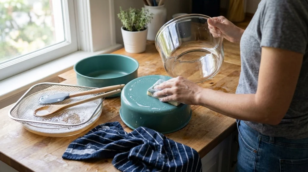 Home cook gently cleaning glass, stainless steel, and ceramic air fryer components