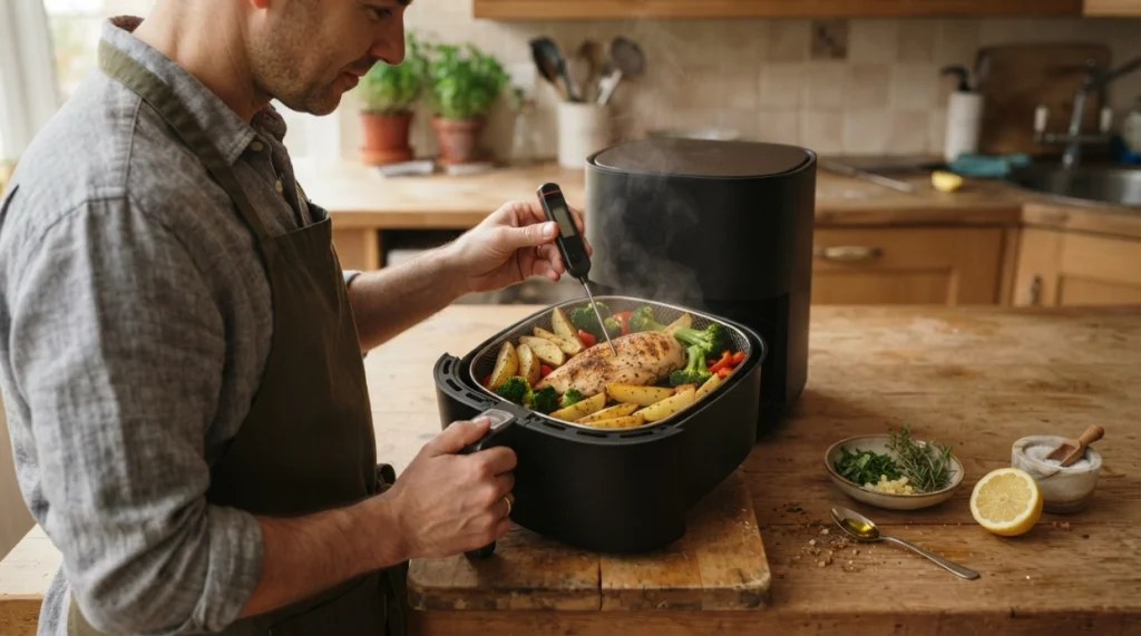 Home cook making healthier air-fried chicken and vegetables with measured oil and a food thermometer