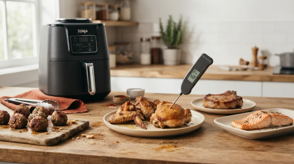 Air-fried chicken, salmon, pork chop and meatballs beside a food thermometer