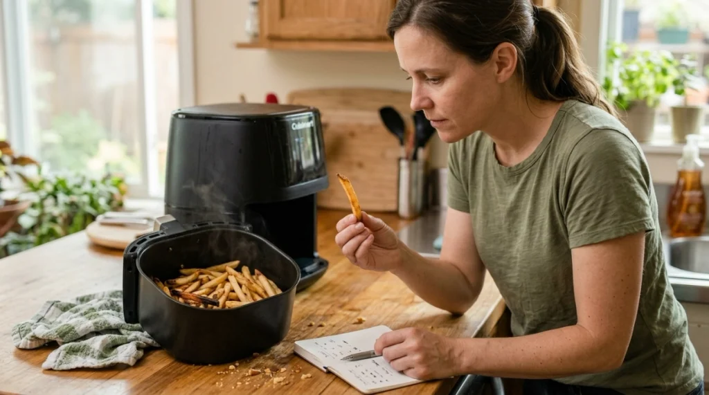 Cook checking browned fries and noting performance from a new air fryer test batch