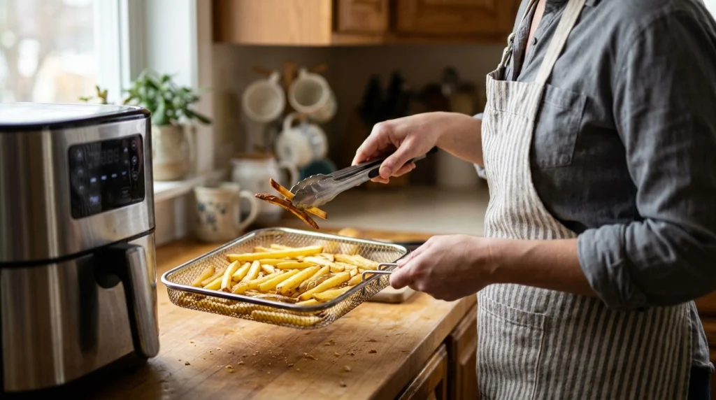 Golden air fryer fries checked early to help avoid acrylamide in air fryers.