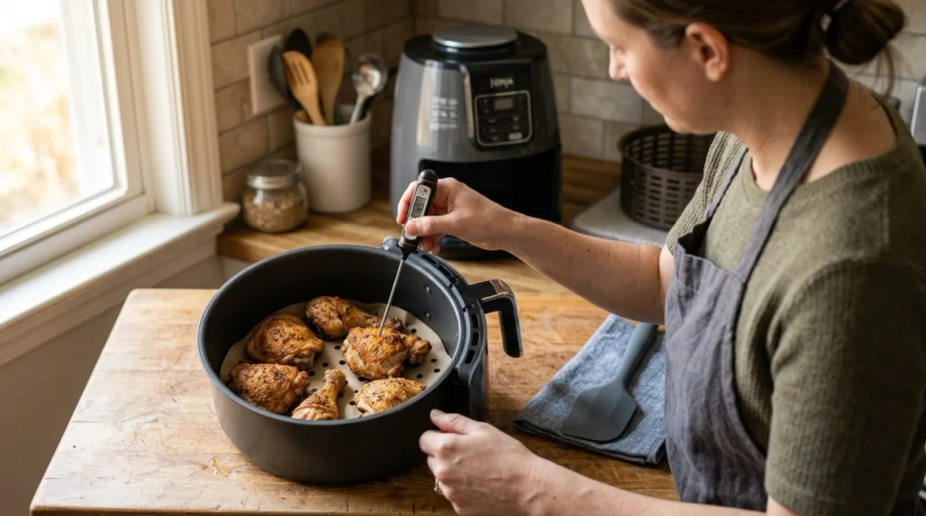 Home cook checking air-fried chicken with a thermometer beside a clean, safely placed air fryer.