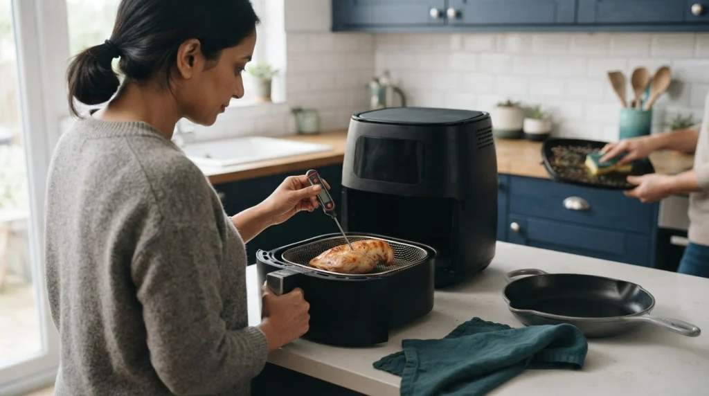Home cook using food thermometer beside safely placed and ventilated air fryer