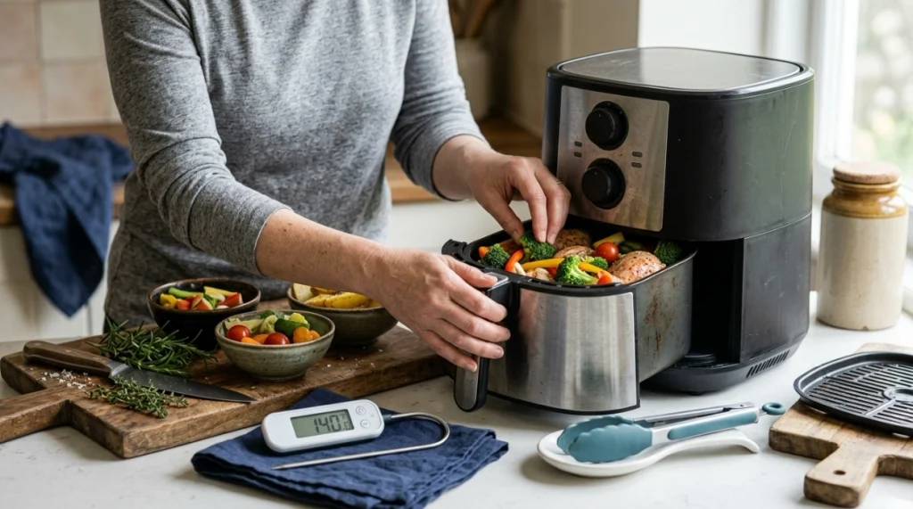 Home cook using an air fryer safely with thermometer, clean basket, and proper ventilation