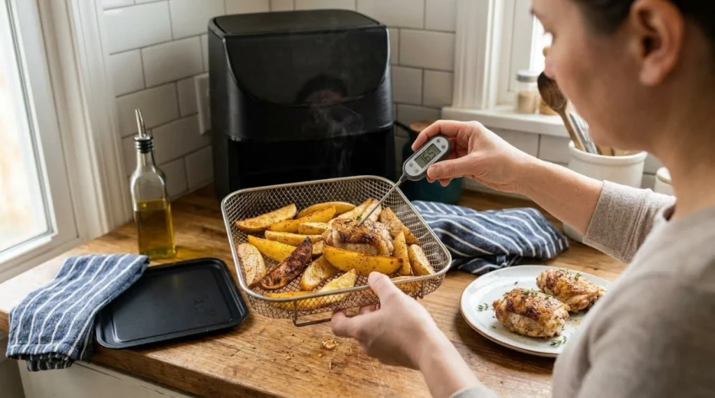 Home cook checking air-fried chicken with a digital thermometer beside a clean air fryer