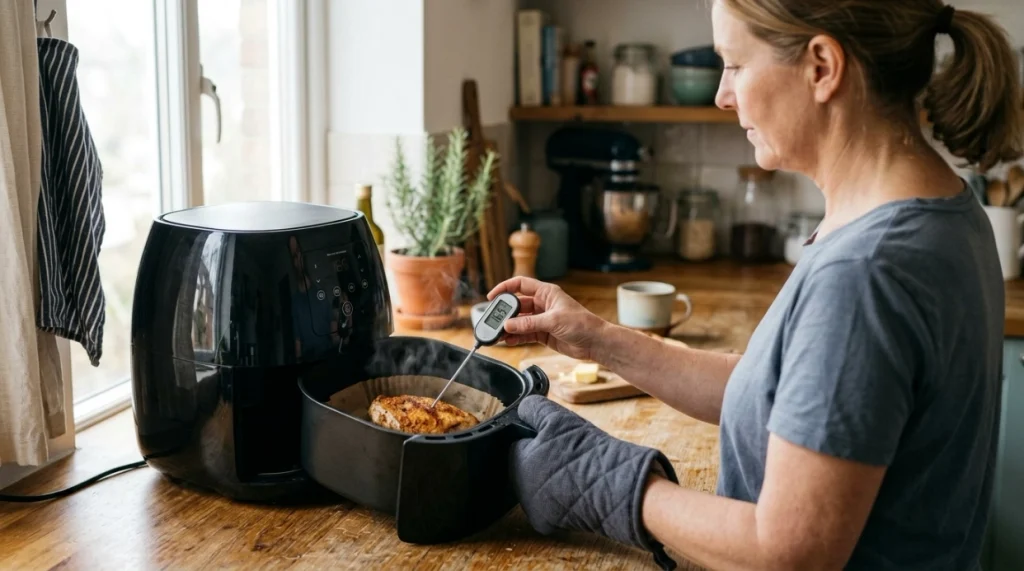 Home cook checks air-fried chicken with a thermometer beside a safely ventilated countertop air fryer.