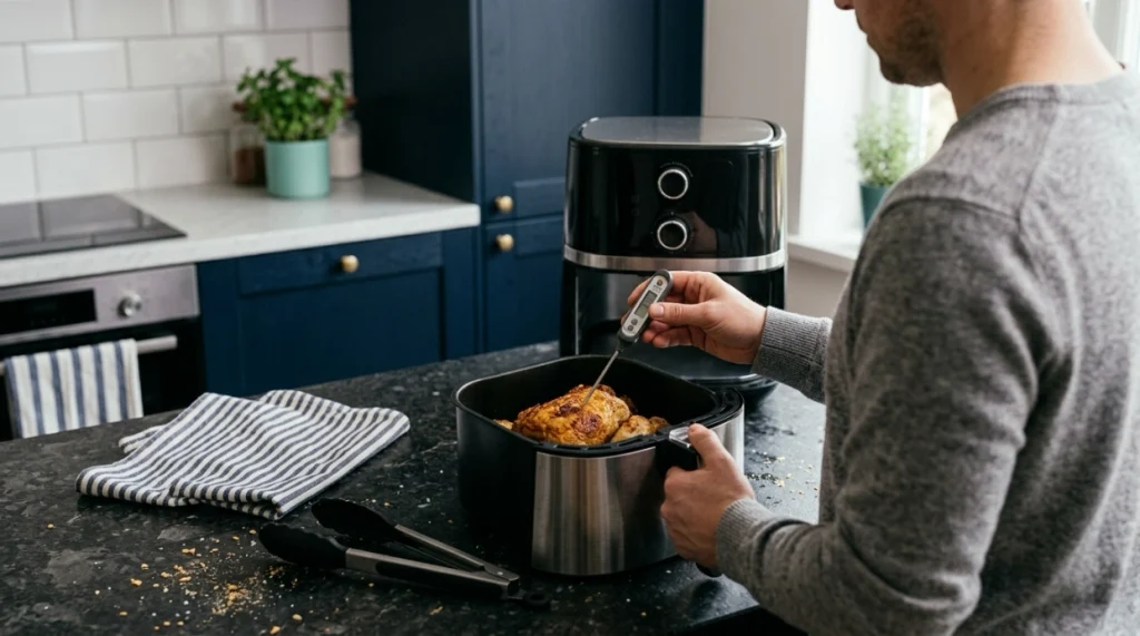 Home cook checking chicken temperature beside a clean, properly ventilated air fryer