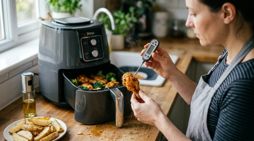 Home cook checking air-fried chicken with a thermometer beside a clean air fryer