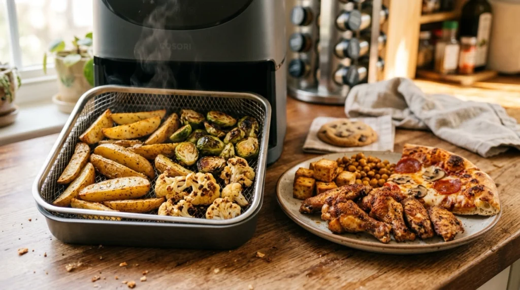 Air fryer basket with potatoes and vegetables beside wings, tofu, pizza, chickpeas, and cookies