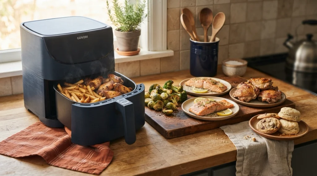 Best air fryer foods including fries, wings, salmon, roasted vegetables, biscuits, and cookies.