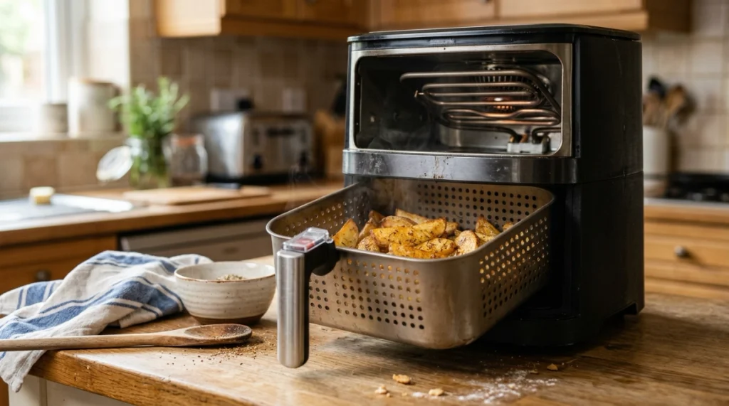 Air fryer interior showing heating element and perforated basket used to circulate hot air around food.