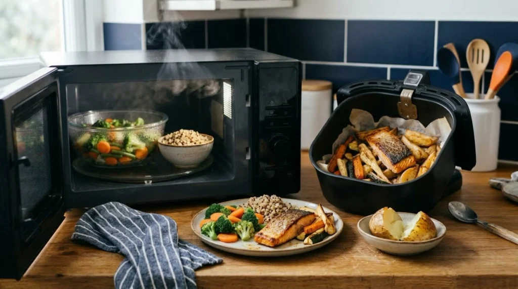 Microwave vegetables and air-fried salmon prepared together for a practical healthy meal