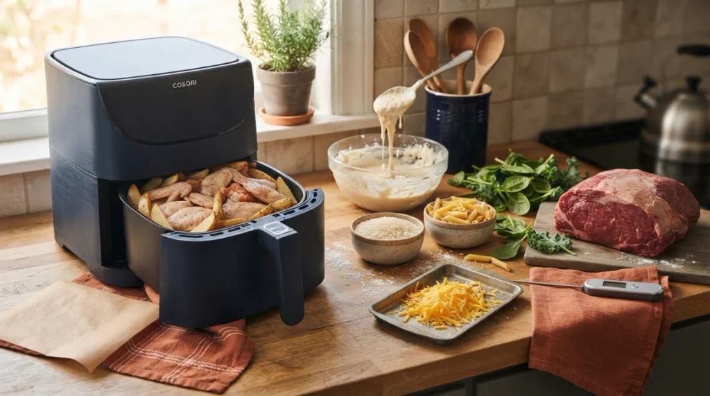 Air fryer setup showing wet batter, dry rice, leafy greens, loose cheese, and overcrowding mistakes.