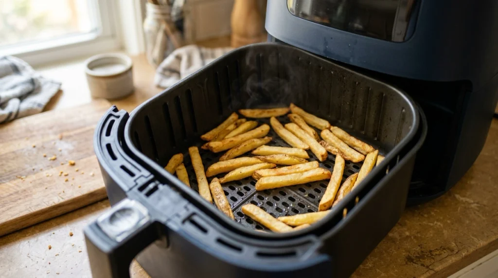 Air fryer fries in a loose layer showing how rapid hot airflow helps food become crispy