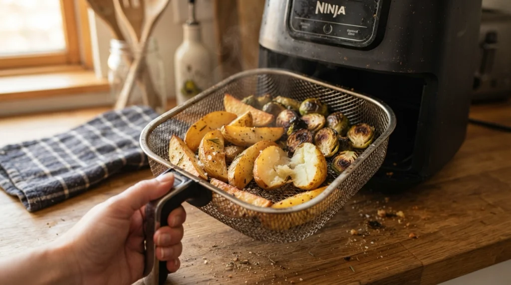 Crisp air-fried potatoes and vegetables showing browning from rapid hot airflow