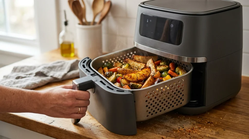 Air fryer basket showing crisp food and strong convection cooking in a home kitchen