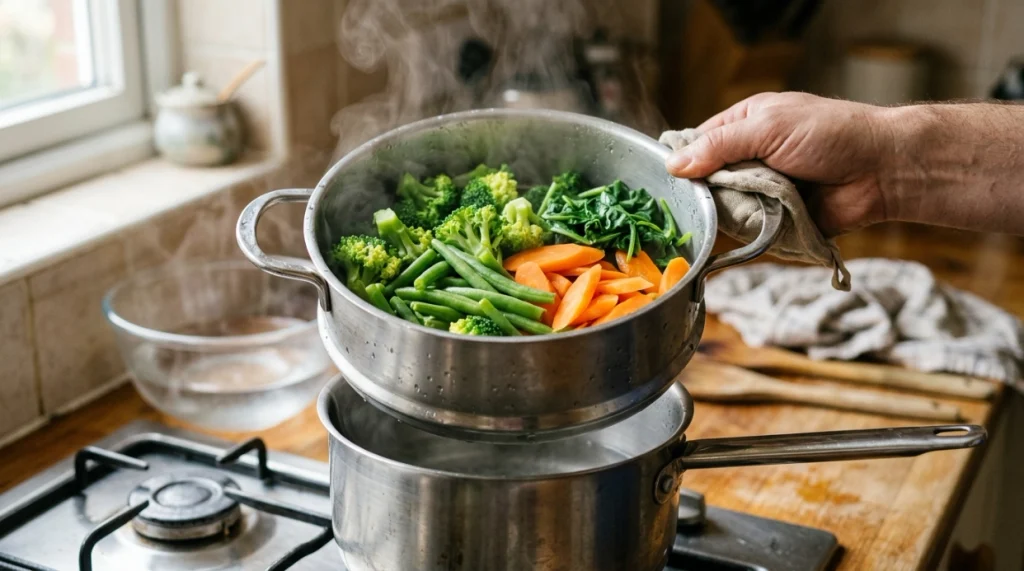 Broccoli, carrots, green beans and leafy greens cooking gently in a steamer basket