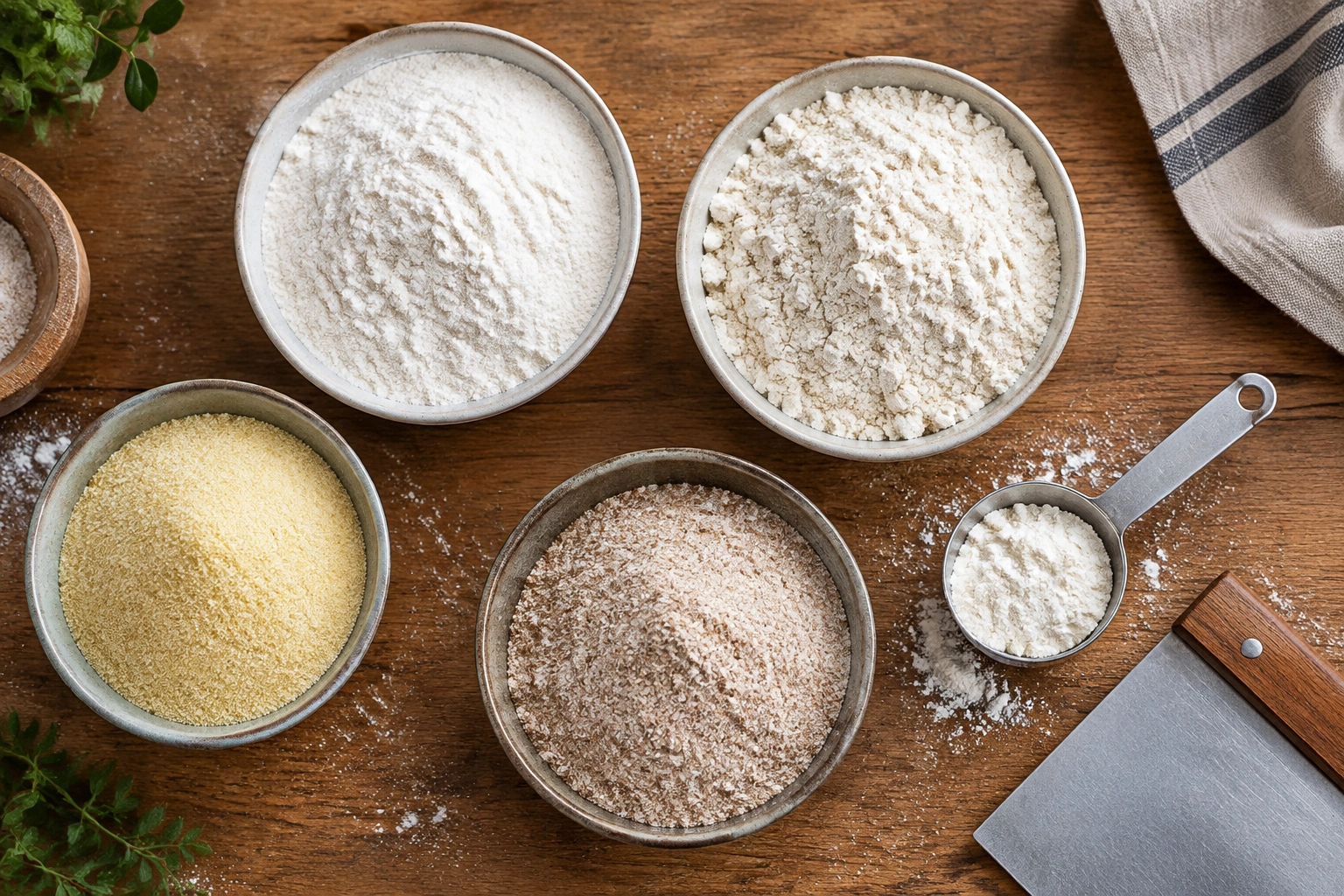 Assorted bowls of baking flour for comparison