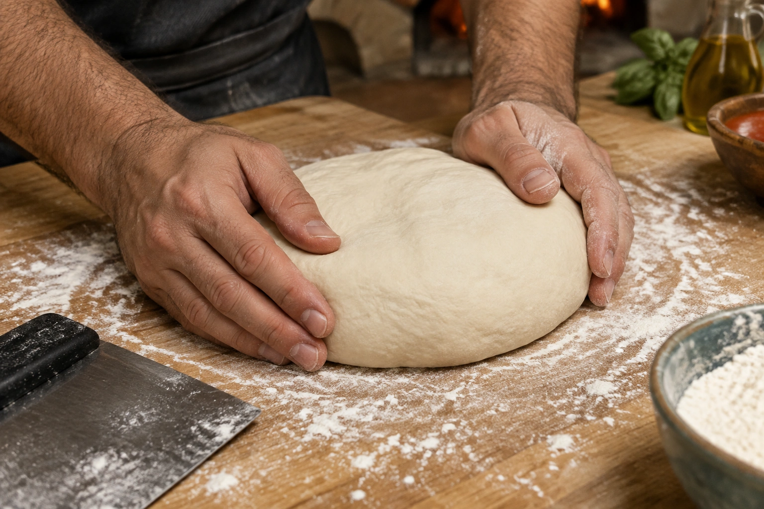 Hands shaping smooth pizza dough on a floured board