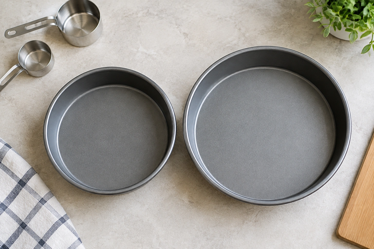 Two round cake pans in different sizes on a baking counter