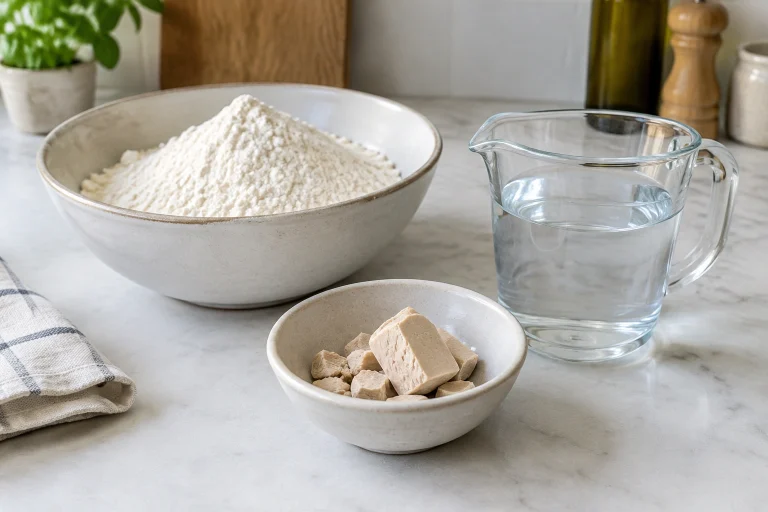 Bowl of yeast beside flour and water on a baking counter