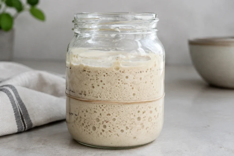 Bubbling sourdough starter in a glass jar
